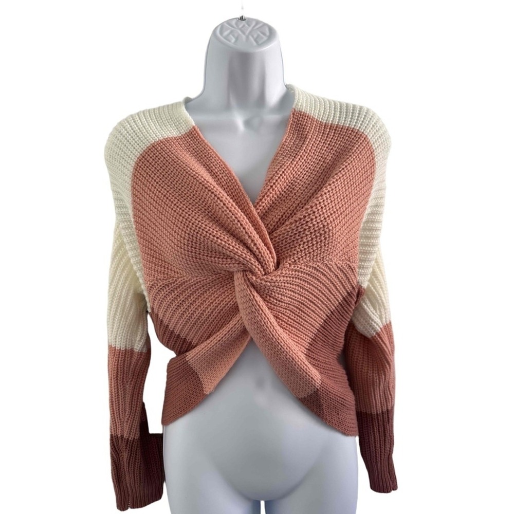 Almost Famous Sweater Womens 1X Blush Colorblock Twist Front Knit Cropped NWT
